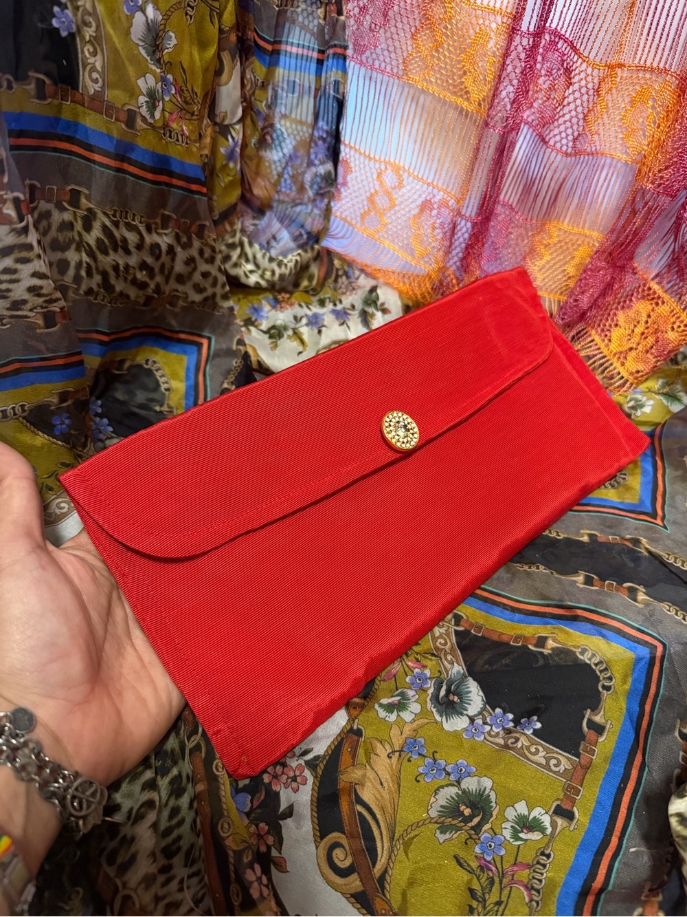 Sony Costumes Red Women's Satin Clutch with Gold Button vintage